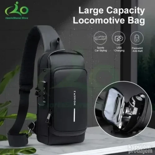 Crna moderna muška torbica sa USB priključkom i sistemom protiv krađe, idealna za gradski život.