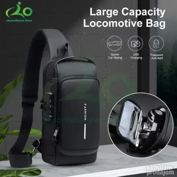 Crna moderna muška torbica sa USB priključkom i sistemom protiv krađe, idealna za gradski život.