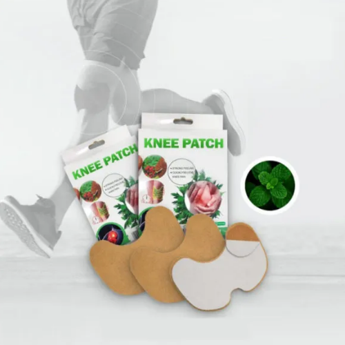 Knee patch flasteri za bolove u kolenima na kolenu, prikazujući pakovanje i način primene.