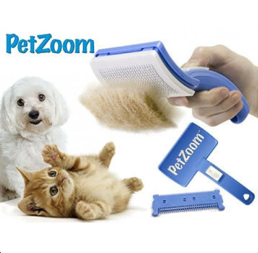 cetka-trimer-za-ljubimce-pet-zoom-okshop-1.png Slika prikazuje inovativnu četku i trimer za ljubimce Pet Zoom za lako uklanjanje dlaka.
