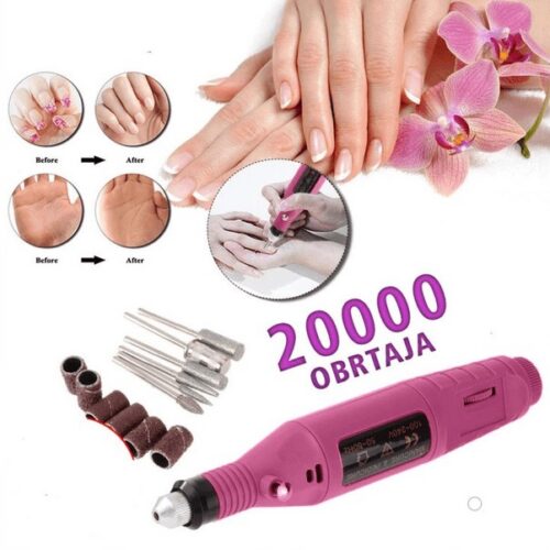 Slika električne turpije za manikir i pedikir sa dodacima i postoljem za profesionalnu negu noktiju.