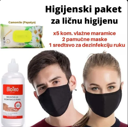 Paket za ličnu higijenu sa vlažnim maramicama, pamučnim maskama i sredstvom za dezinfekciju ruku, idealan higijenski paket za svaku situaciju.
