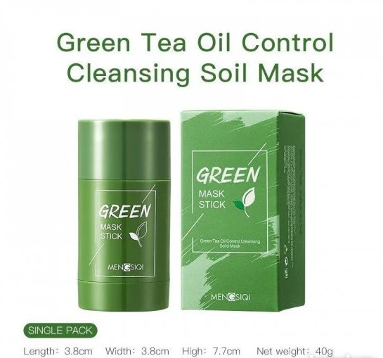 maska-za-lice-elamei-okshop-1.jpg Green mask za lice stik, prikaz pakovanja sa zelenim čajem za dubinsko čišćenje kože.