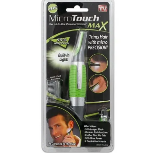 Srebrni Micro Touch trimer za muškarce sa nastavcima za precizno uklanjanje dlačica.