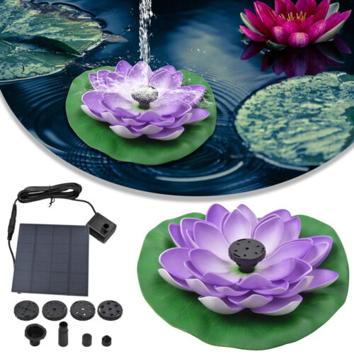 Slika plutajuće solarne fontane Lotus u vrtu, sa vodenim mlaznicama, idealna za ribnjak.